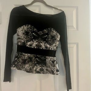 Bebe Grey, Black and White Floral Mesh Blouse